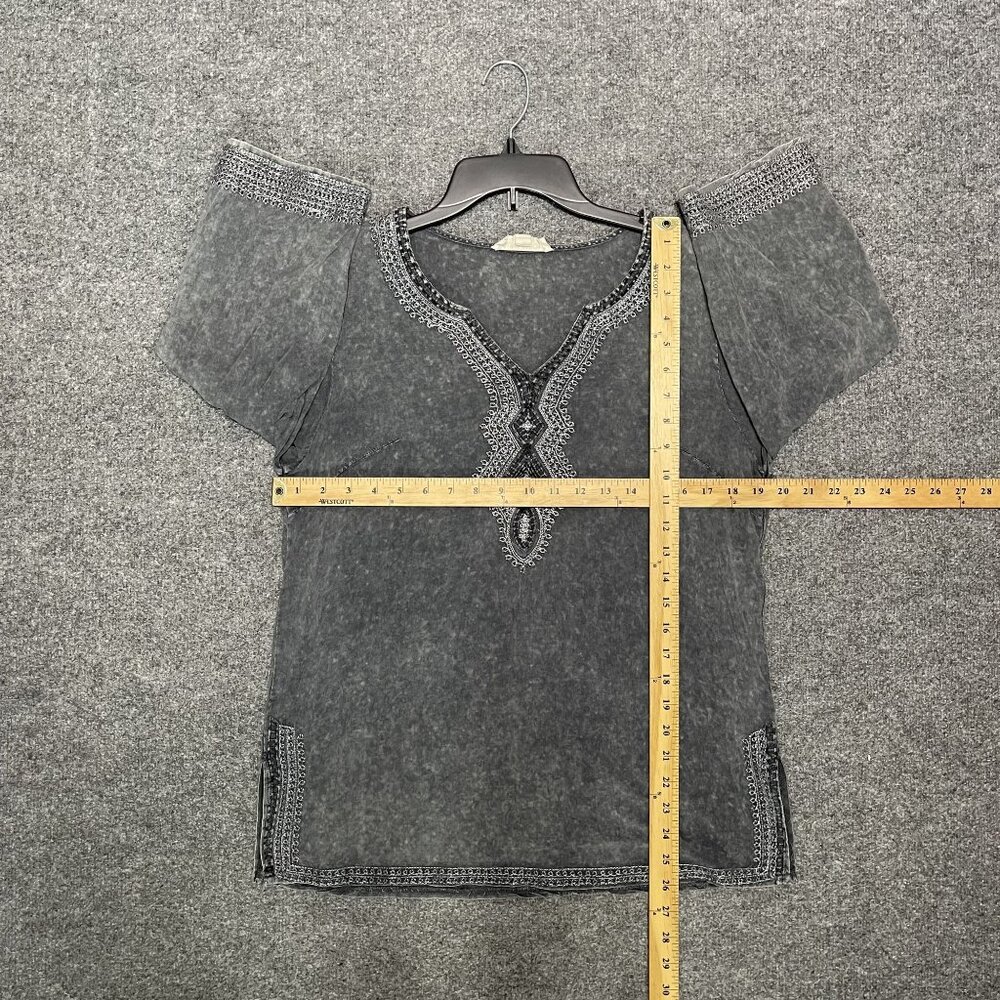 Luna Moon Embroidered Gray Tunic Top Small 3/4 Sleeve Boho Style - Picture 6 of 7